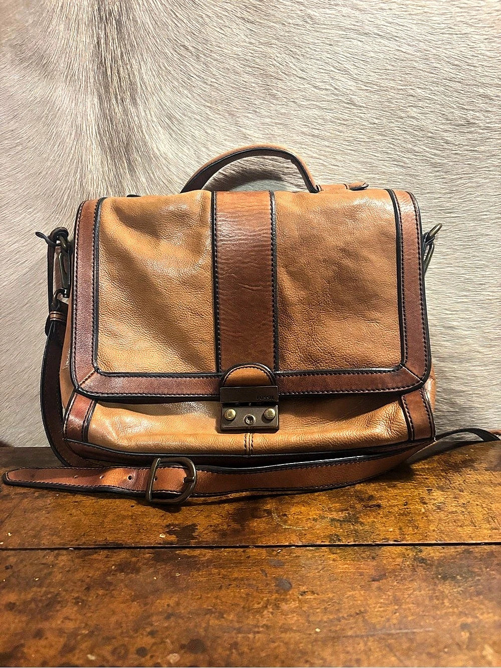 Fossil Brown Leather Messenger Crossbody Bag with Adjustable Removable Strap